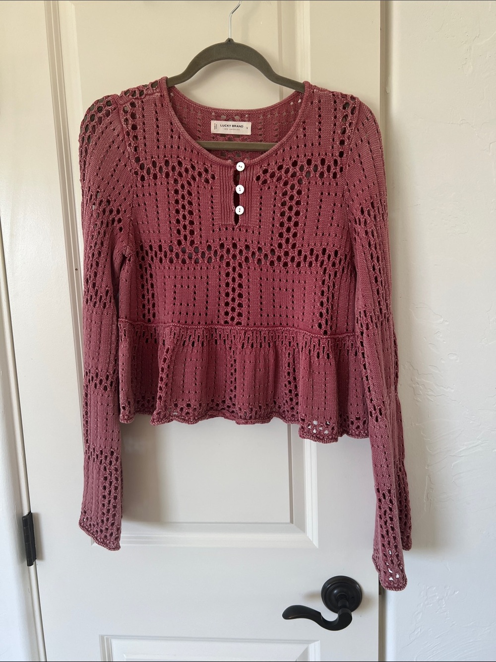 Lucky Brand Mauve Crochet Peplum Henley Long Sleeve Top